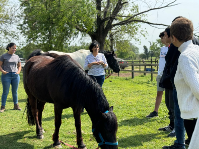 grupo de personas junto a un caballo